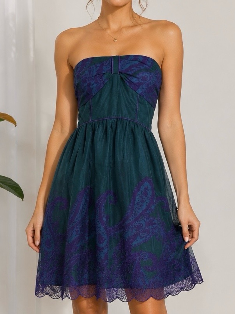 Hype Silk Strapless Embroidered Paisley Dress Teal Purple Size 8